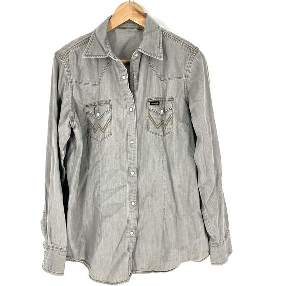 Wrangler Pearl Snap Shirt Size Medium Womens Gray Western Button Up Cowboy Top - Picture 1 of 7